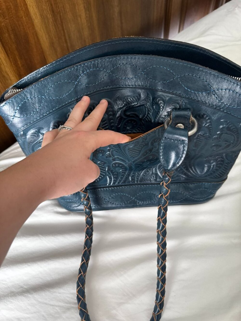 Patricia Nash Indigo Blue Embossed Leather Zorita Shoulder Bag - Picture 4 of 9